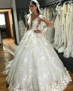 Modest Backless Floor Length Princess Wedding Dress With Lace Appliques