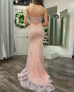 Vestido longo de baile com renda e lantejoulas, decote coração, estilo sereia