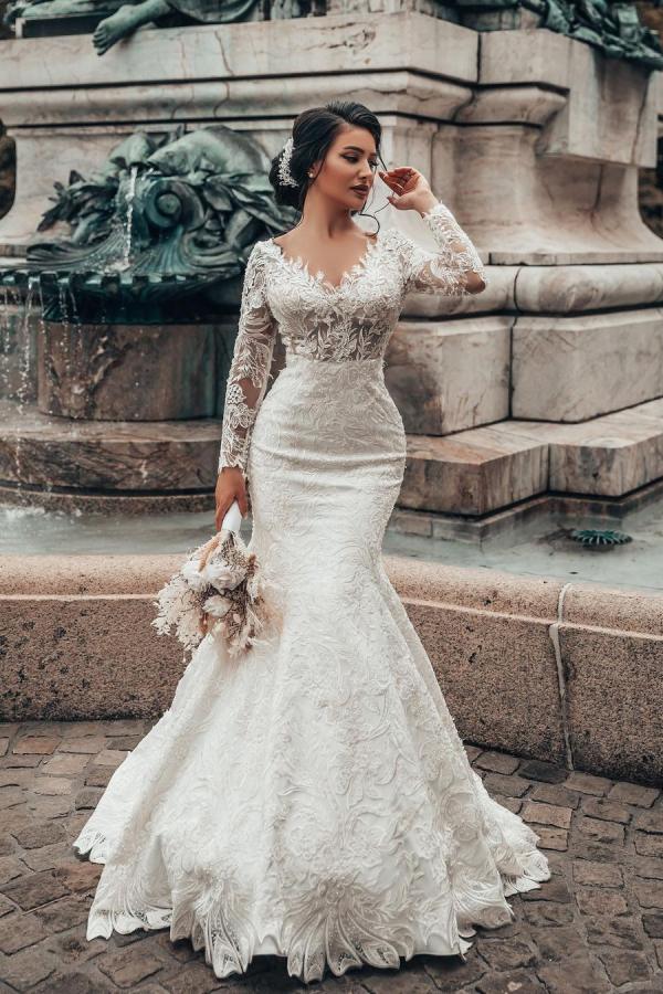 Bridal Lace Mermaid Wedding Dress With Long Sleeves On Sale