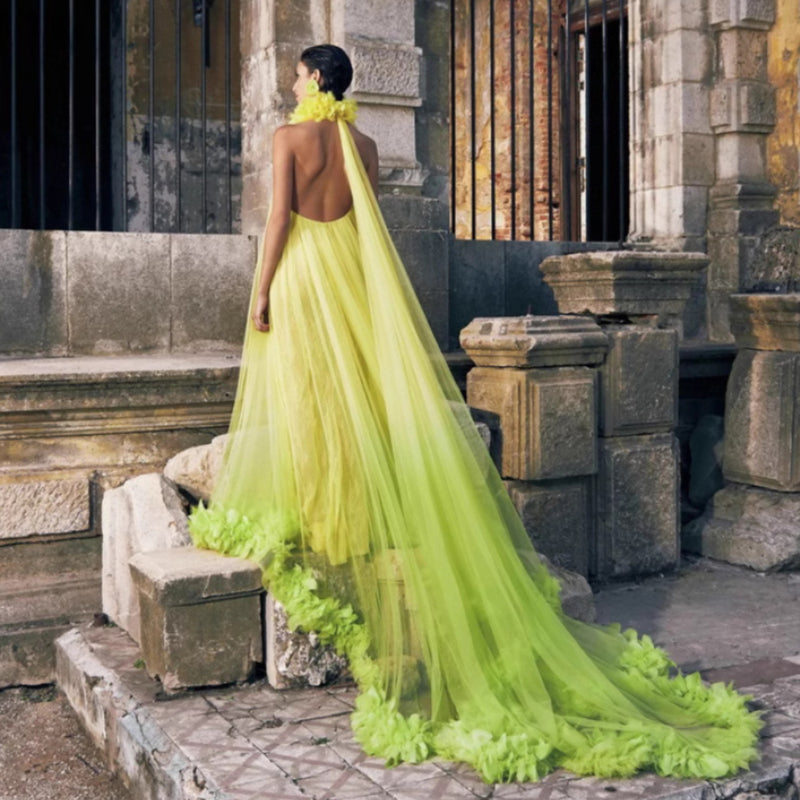 Robe suspendue au cou, grande ouverture dans le dos, en tulle, robe de maternité, robe de bal, robe de mariée, robe de matinée, robe d'intérieur privée