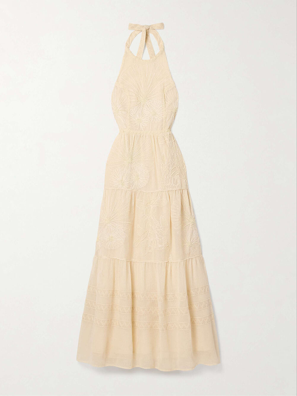 Elegante vestido largo con cuello halter, encaje y malla adornados 