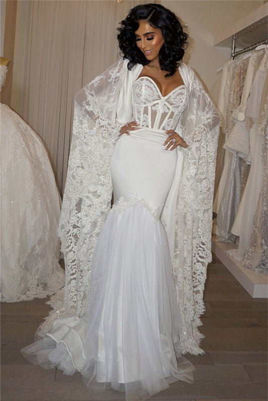 Modern Mermaid Sweetheart Wedding Dress With Lace Cape