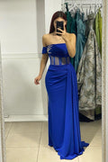 Vestido Formal de Cetim Azul Real Longo Sereia Sem Alças para Baile