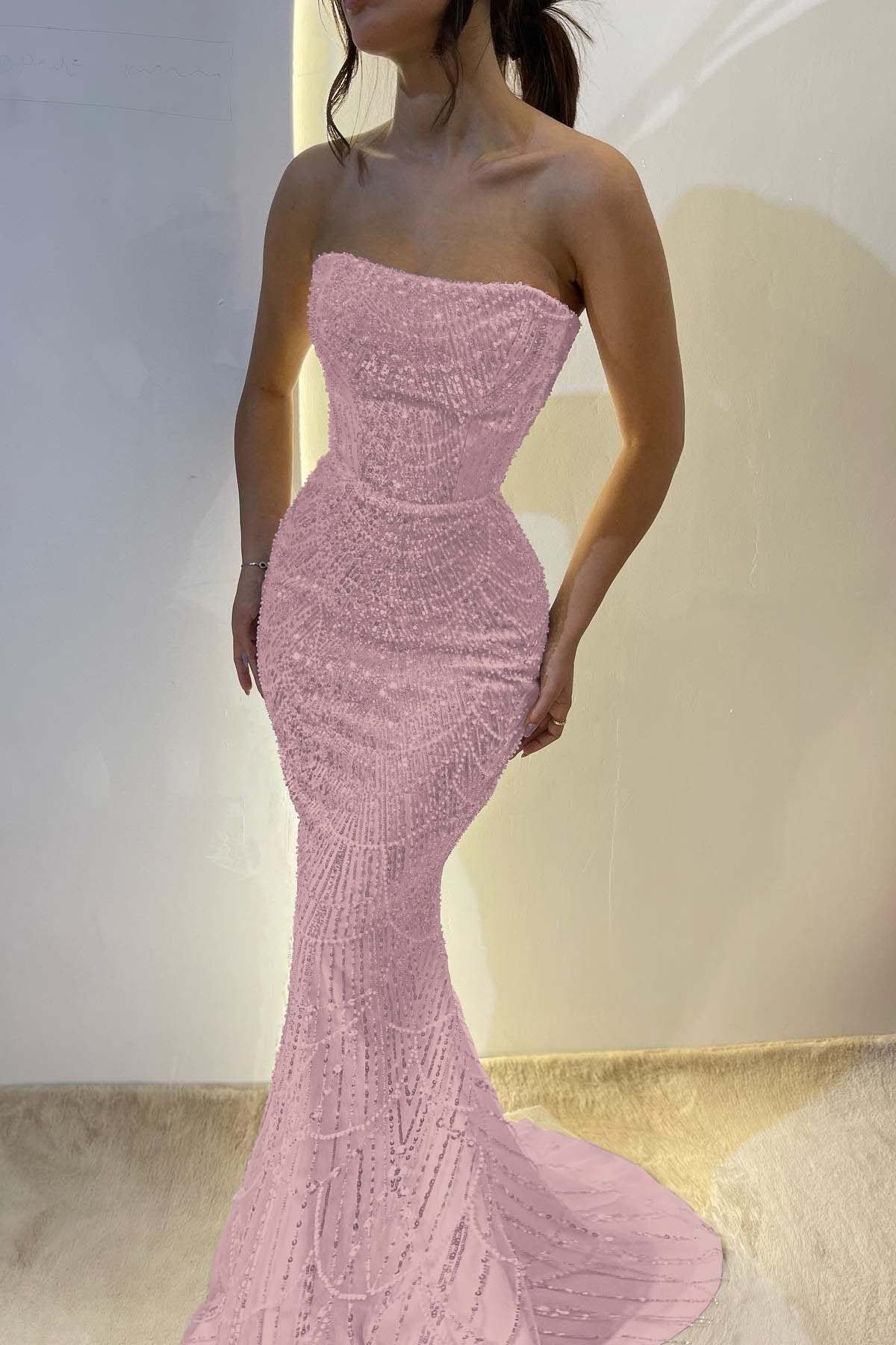 Chic Strapless Long Mermaid Prom Dress With Sequins Custom Colors And Sizes