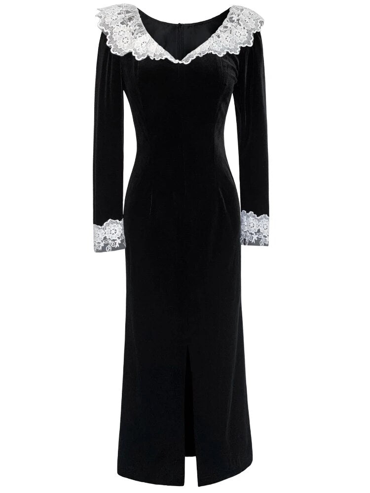 TARUXY Vestito Vintage con Merletto a Incastro Donna Nero di Carattere Abito Aderente Signorina Spacco Laterale Elegante da Festa Retro Abito da Sera Donna