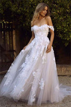 Off Shoulder A Line Tulle Wedding Dress With Lace Appliques