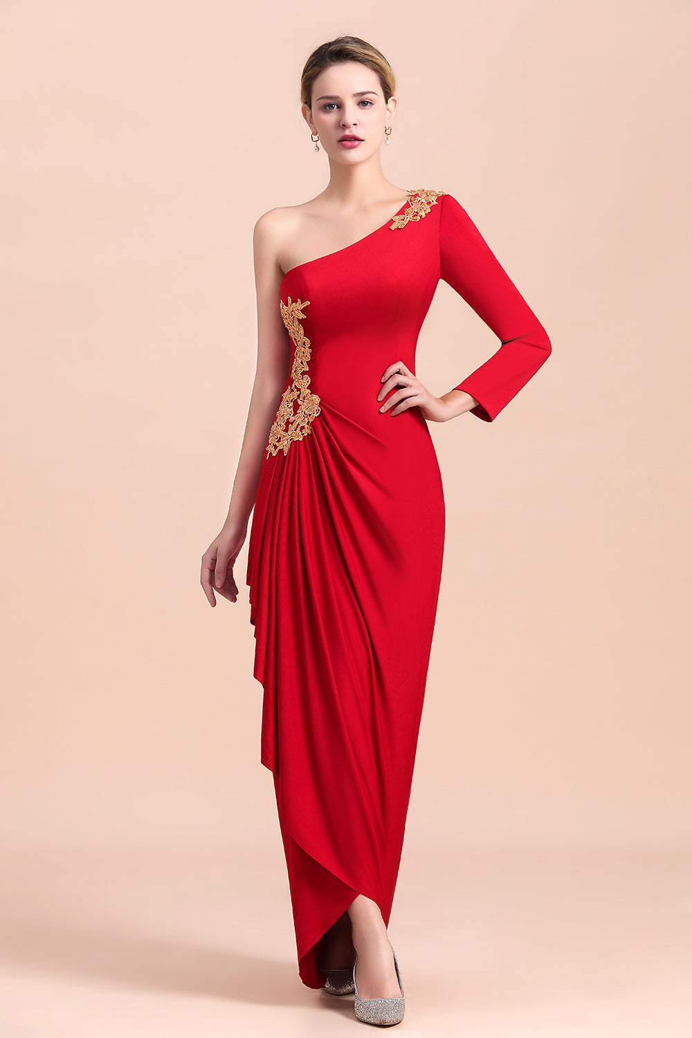 BMbridal Chic One-Shoulder Long Sleeves Ruffle Mother of Bride Dresses with Appliques