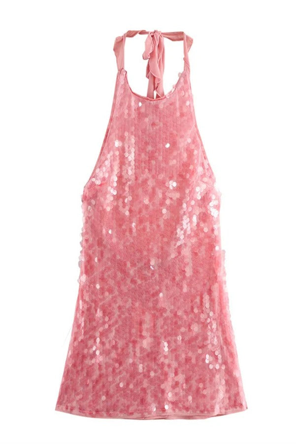Robe Mini Dos Nu à Bretelles avec Paillettes Disque Rose Sensuelle