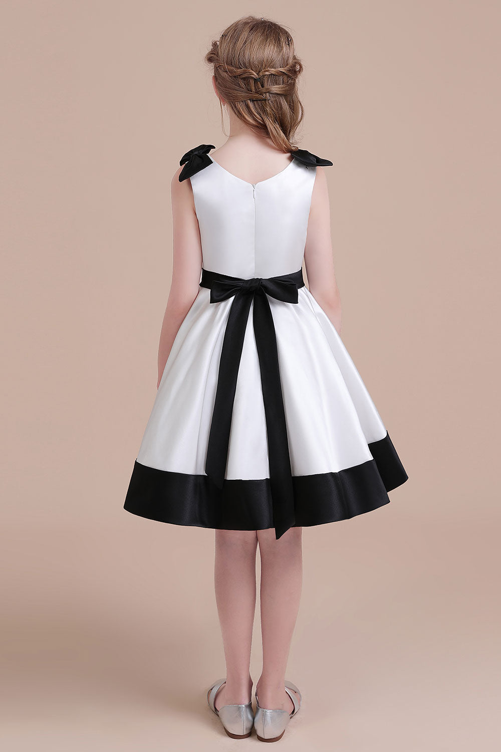 BMbridal A Line Satin Knee Length Flower Girl Dress Jewel Neck Bow Rhinestones