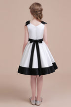 BMbridal A Line Satin Knee Length Flower Girl Dress Jewel Neck Bow Rhinestones
