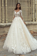 Elegant Long Sleeve Train Bateau Neckline Wedding Dress With Lace Appliques