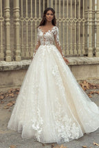 Elegant Long Sleeve Train Bateau Neckline Wedding Dress With Lace Appliques