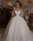 Stunning Ball Gown Featuring Puffy Sleeves Long Wedding Dress With Appliques