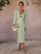 Vestido de Dama de Honra de Satinado de Alta Qualidade com Laços nas Costas e Decote Aberto, Vestido Elegante para Mulheres, Vestido de Noite, Vestido