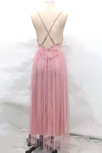 Sexy Solid Color Backless Mesh V Neck Evening Dresses