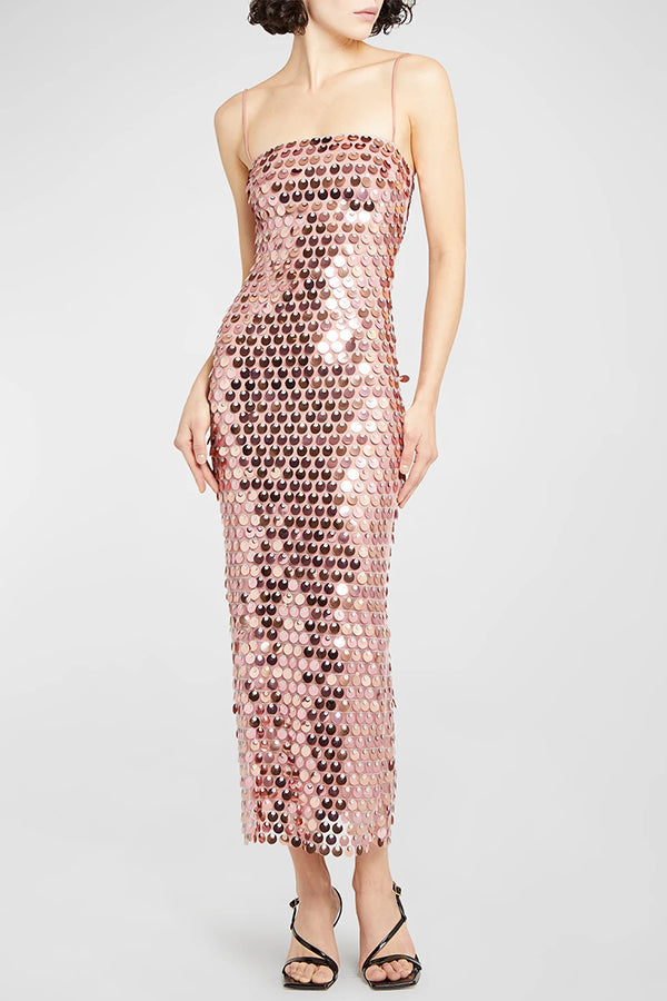 Robe de mi-longueur à bretelles spaghetti pailletée éclat glamour pour fête d'anniversaire