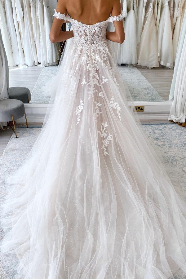 Champagne Tulle Off Shoulder Wedding Dress With Appliques A Line Chapel Train