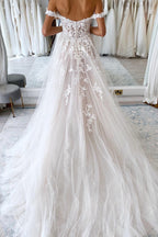 Champagne Tulle Off Shoulder Wedding Dress With Appliques A Line Chapel Train