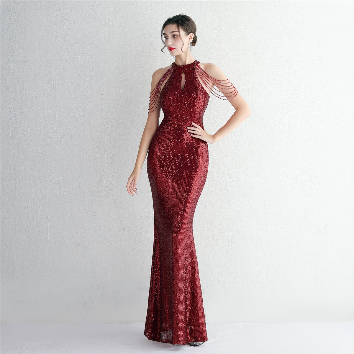 Pailletten Craft Perlen Cocktail Abendkleid Elegante Lange Neckholder Slim Fit Fischschwanz 