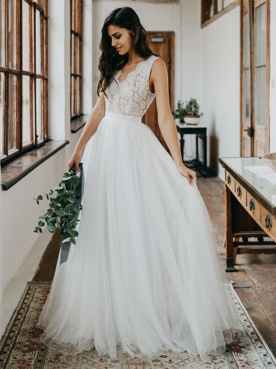 Lace Sleeveless Boho Wedding Dress With Floral Embroidery