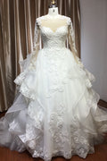 Chic Ruffled Ball Gown Long Sleeve Wedding Dress With Lace Appliques