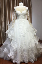 Chic Ruffled Ball Gown Long Sleeve Wedding Dress With Lace Appliques