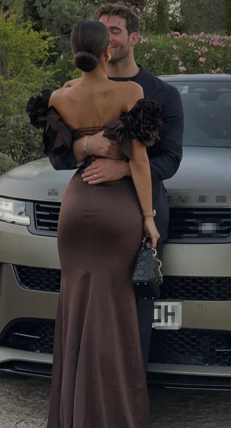 Brown Luxury Mermaid Evening Dress Off The Shoulder Long Prom Dress Y7592