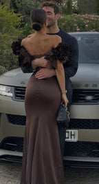 Brown Luxury Mermaid Evening Dress Off The Shoulder Long Prom Dress Y7592