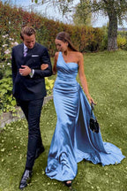Custom One Shoulder Sleeveless Dark Green Pleated Long Prom Dress