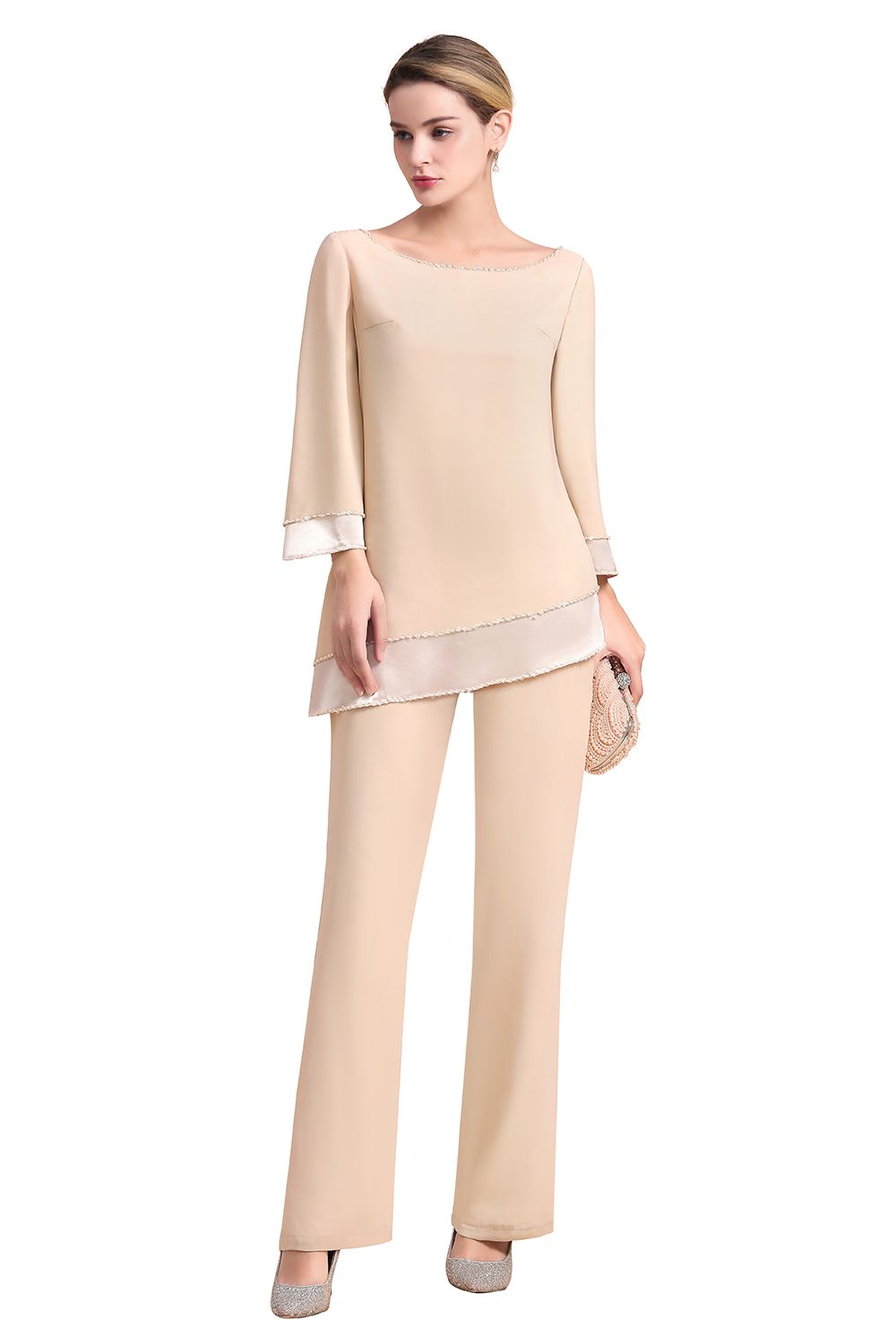 BMbridal Chic Round-Neck Champagne Chiffon Mother of Bride Jumpsuit Online