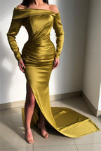 Ravissante robe de bal vert sauge avec manches fendues fluides