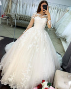 Charming Princess Bateau Long Sleeve Floor Length Lace Appliques Wedding Dress