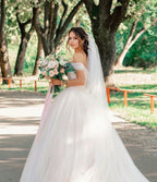 Elegant Tulle Off The Shoulder A Line Long Wedding Dress With Chapel Train