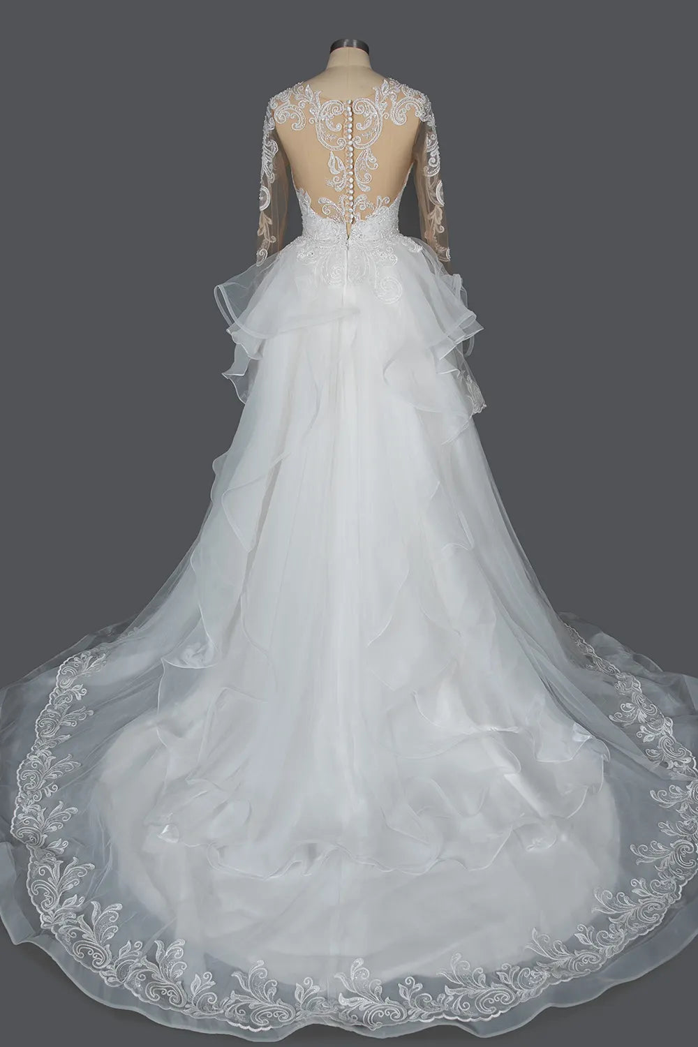 Chic Ruffled Ball Gown Long Sleeve Wedding Dress With Lace Appliques