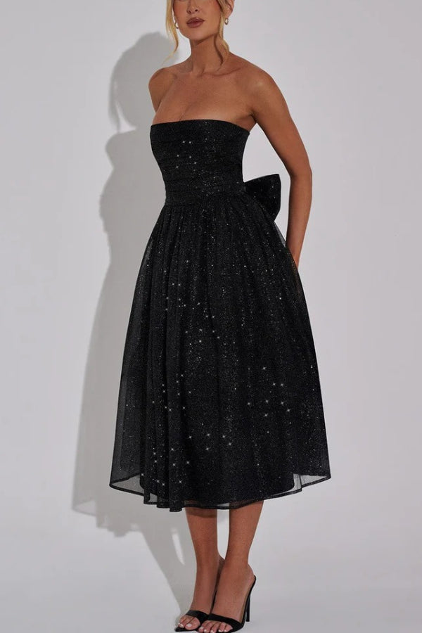 Abito Midi Sexy con Spalle Scoperte, Schiena Nuda e Fiocco