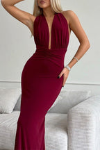 Vestidos de Noite Halter com Costas Descobertas e Prega Plissada em Cor Sólida Sensual