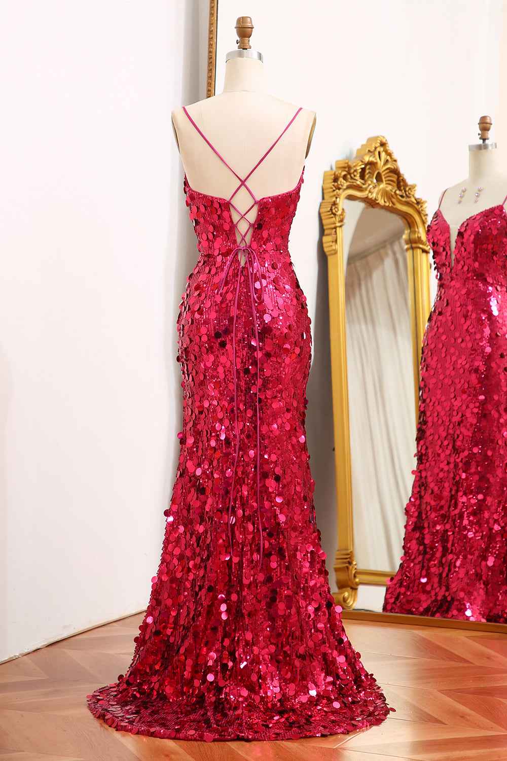 Sparkly Purple Mermaid Spaghetti Straps Sequins Long Prom Dress with Slit