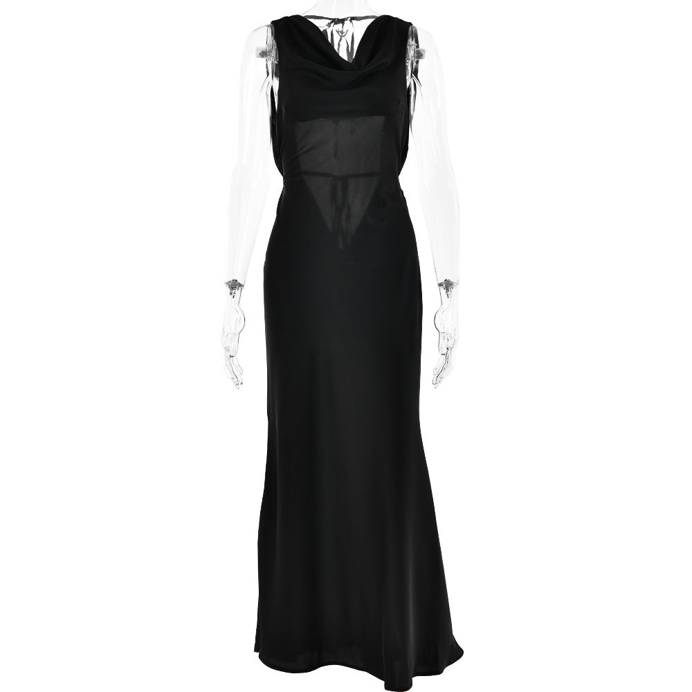 Abito da Cocktail Sera per Donna con Scollo Asimmetrico e Spalline, Abito Sexy Senza Schienale con Lacci, Abito Lungo