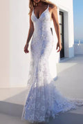 Vestidos de Noite Sexy de Cor Sólida com Decote em V e Trabalhos de Aplicação de Rendas nas Costas (3 Cores)