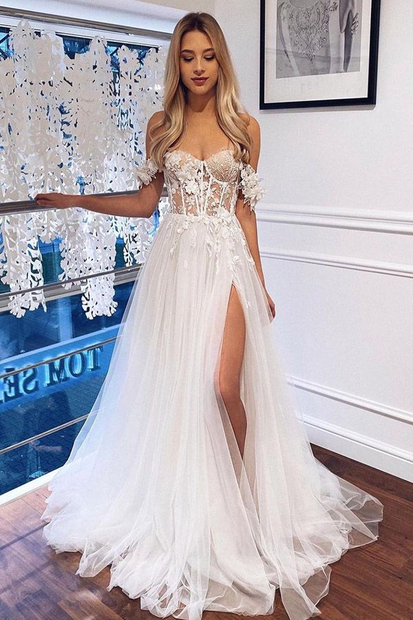 Classic White Off The Shoulder Boho A Line Lace Wedding Dress