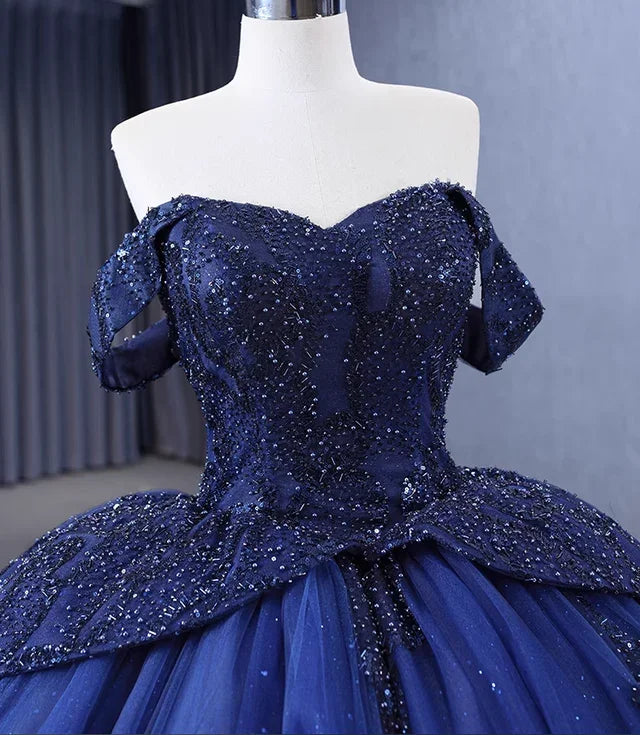 Luxurious Off The Shoulder Sequins Beaded Tulle Ball Gown Navy Blue Birthday Prom Dress Y7681