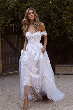 Off Shoulder A Line Tulle Wedding Dress With Lace Appliques