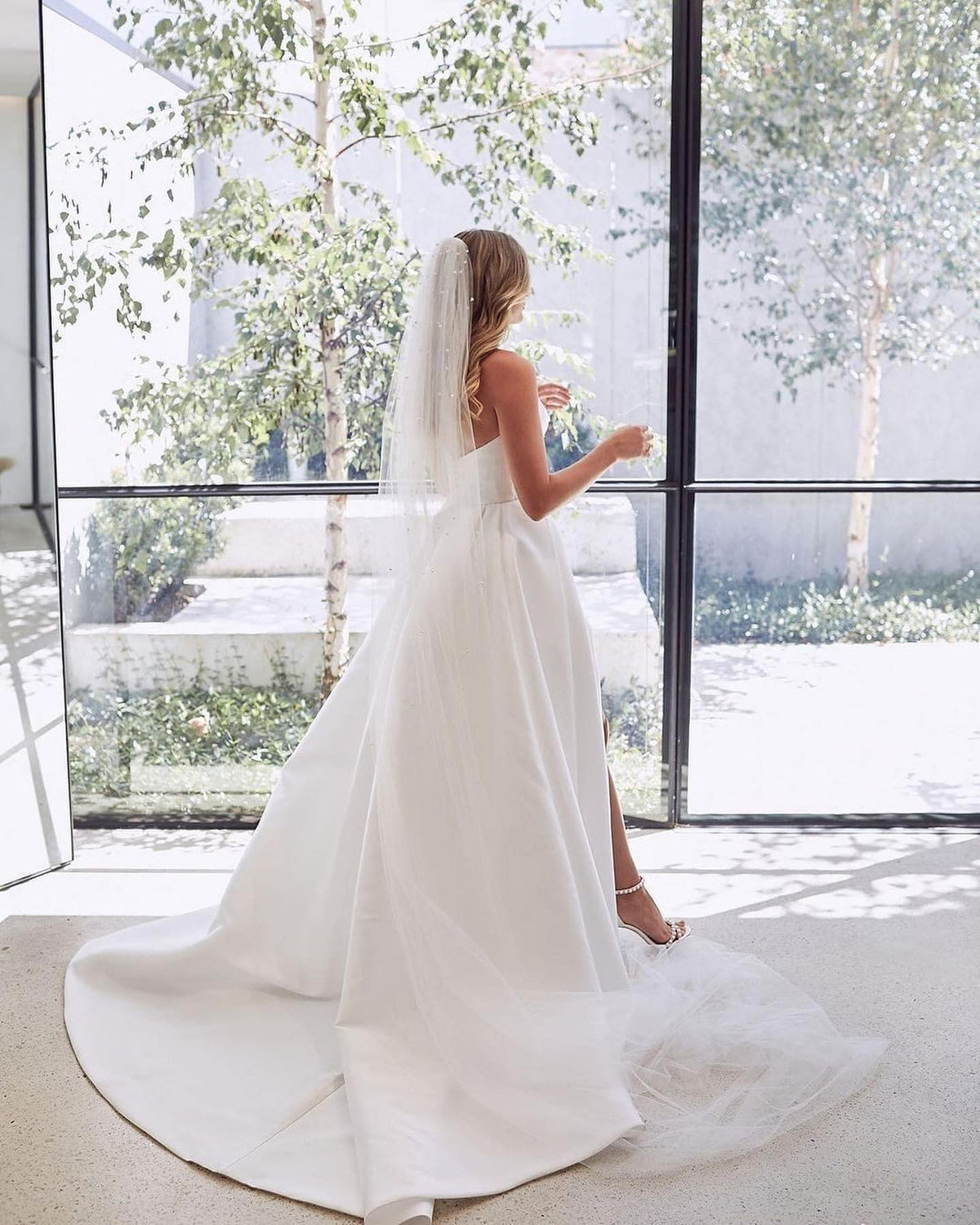 Brilliant Satin A Line Floor Length Sweetheart Wedding Dress With Slit Ruffles