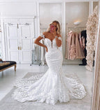 Glamorous Off The Shoulder Mermaid Backless Lace Long Wedding Dress