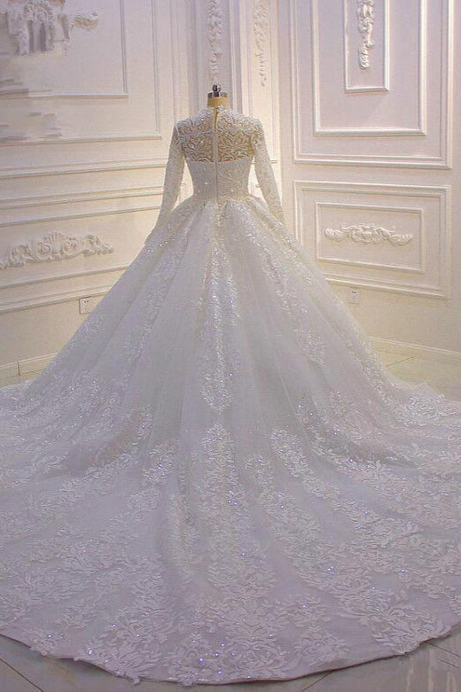 Simple Ball Gown Wedding Dress With Ruffles High Neck Applique Lace Long Sleeves