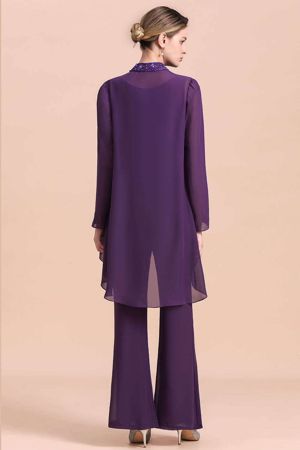 BMbridal Affordable Straps Beading Grape Chiffon Mother of Bride Jumpsuit Online with Wrap