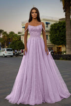 Tulle Spaghetti Strap Sleeveless A Line Prom Dress With Sequins Beads