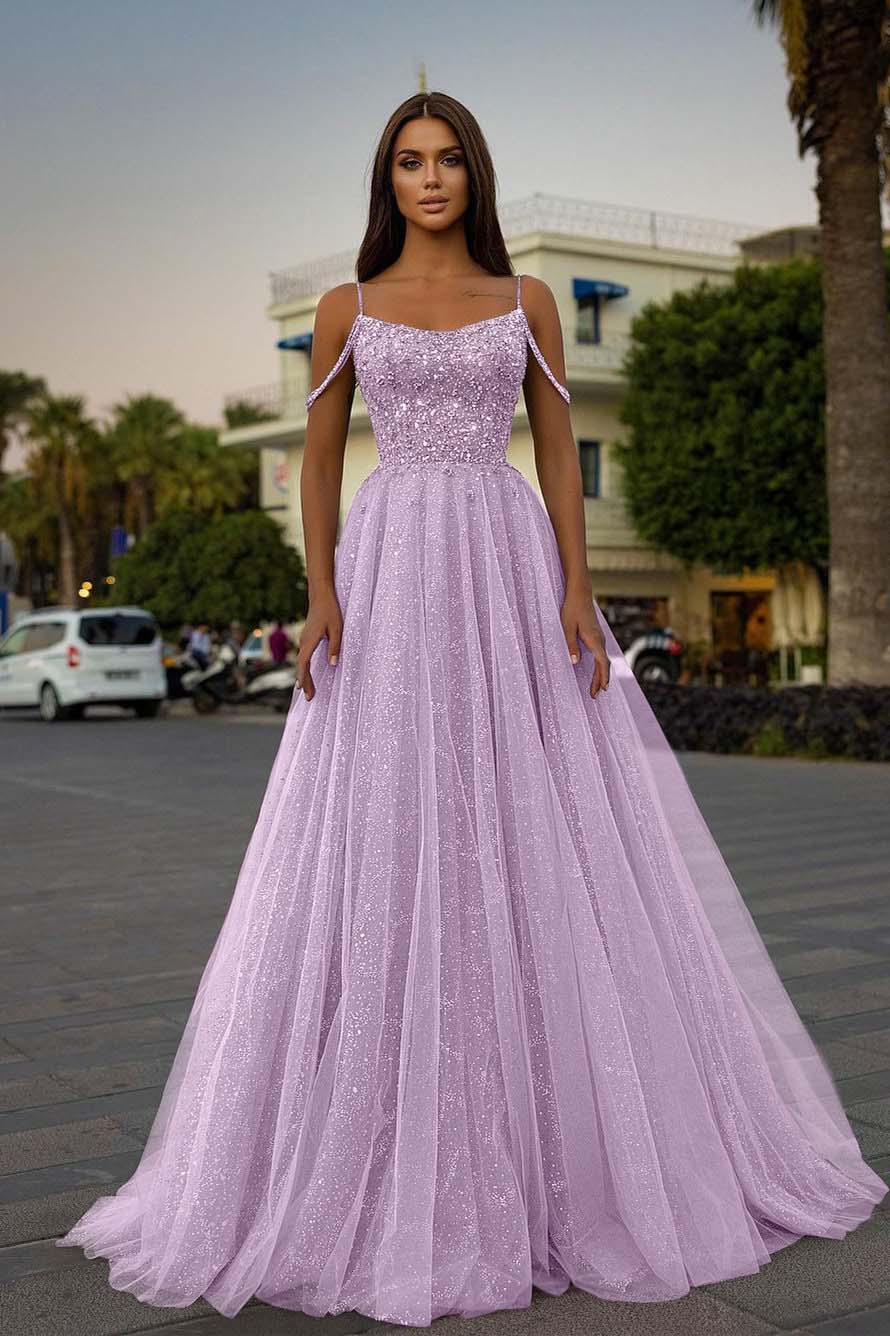 Tulle Spaghetti Strap Sleeveless A Line Prom Dress With Sequins Beads