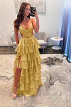 Spaghetti Strap Sleeveless Prom Dress With Ruffles And Long Split