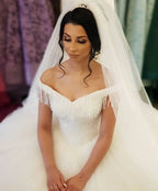 Off The Shoulder Beading Backless Floor Length Wedding Dress With Tassel Tulle